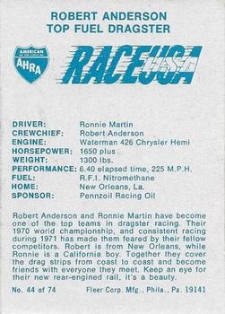 1973 Fleer AHRA Race USA #44 Ronnie Martin Back
