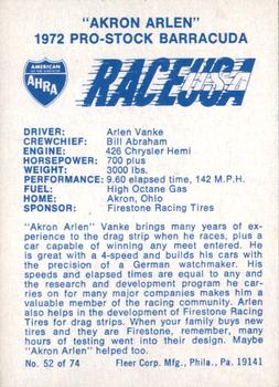 1973 Fleer AHRA Race USA #52 Arlen Vanke Back