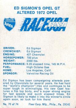 1973 Fleer AHRA Race USA #70 Ed Sigmon Back