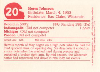 1986 A & S Racing Indy #20 Herm Johnson Back