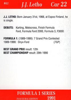 1991 Carms Formula 1 #61 J.J. Lehto Back