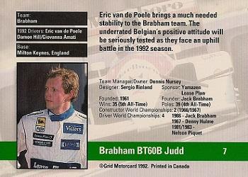 1992 Grid Formula 1 #7 Brabham/van de Poele Back