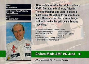 1992 Grid Formula 1 #33 Andrea Moda/McCarthy Back