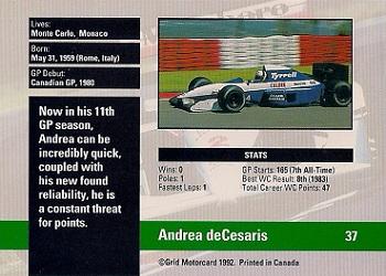 1992 Grid Formula 1 #37 Andrea de Cesaris Back