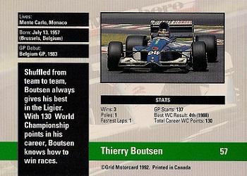 1992 Grid Formula 1 #57 Thierry Boutsen Back