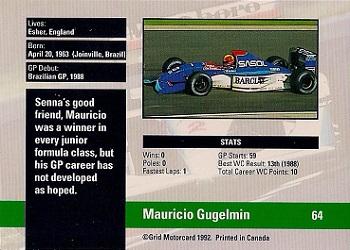 1992 Grid Formula 1 #64 Mauricio Gugelmin Back