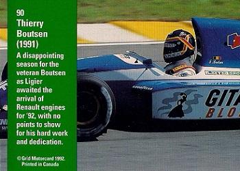 1992 Grid Formula 1 #90 Thierry Boutsen Back