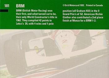 1992 Grid Formula 1 #181 1962/BRM Back