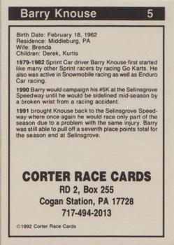 1992 Corter Selinsgrove and Clinton County Speedways #5 Barry Knouse Back