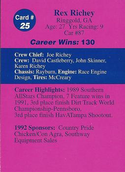 1992 Volunteer Racing Dirt Trax #25 Rex Richey Back