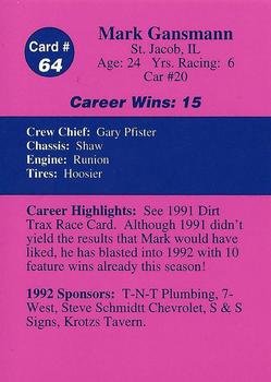 1992 Volunteer Racing Dirt Trax #64 Mark Gansmann Back