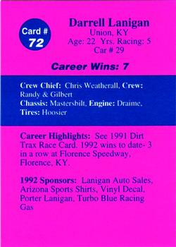 1992 Volunteer Racing Dirt Trax #72 Darrell Lanigan Back