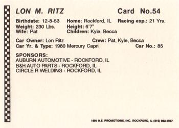 1991 Langenberg Hot Stuff Rockford Speedway #54 Lon Ritz Back