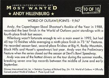 1992 World of Outlaws Most Wanted #10 Andy Hillenburg Back