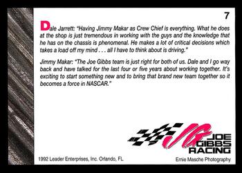 1992 Leader Enterprises Joe Gibbs Racing #7 Dale Jarrett / Jimmy Makar Back