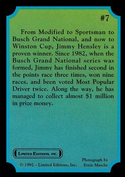 1992 Limited Editions Jimmy Hensley #7 Jimmy Hensley Back