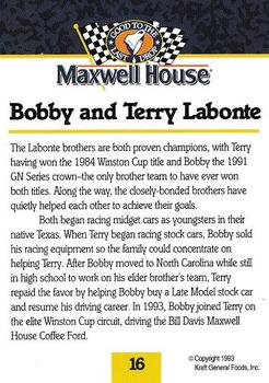1993 Maxwell House #16 Bobby Labonte / Terry Labonte Back