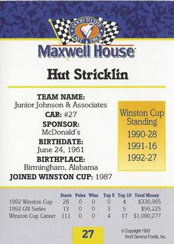 1993 Maxwell House #27 Hut Stricklin Back