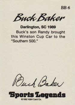 1992 K & M Sports Legends Buck Baker #BB 6 Buck Baker Back