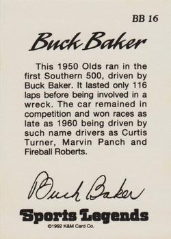 1992 K & M Sports Legends Buck Baker #BB 16 Buck Baker's Car Back
