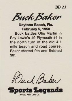 1992 K & M Sports Legends Buck Baker #BB 23 Buck Baker's Car / Otis Martin's Car Back