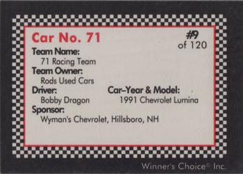 1991 Winner's Choice New England #9 Bobby Dragon's Car Back