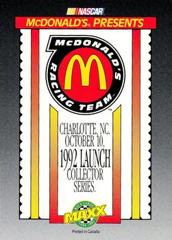 1992 Maxx McDonald's Racing Team Debut #NNO Hut Stricklin / Junior Johnson Back