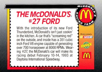 1992 Maxx McDonald's Racing Team Debut #NNO Hut Stricklin's car Back