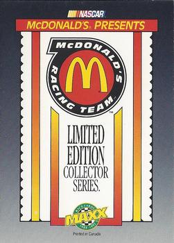 1992 Maxx McDonald's Racing Team Debut #NNO McDonald's Racing Team Back