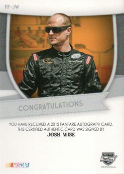 2012 Press Pass Fanfare - Autographs Red #FF-JW Josh Wise Back