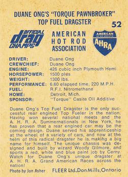 1971 Fleer AHRA Drag Champs Canadian #52 Duane Ong Back