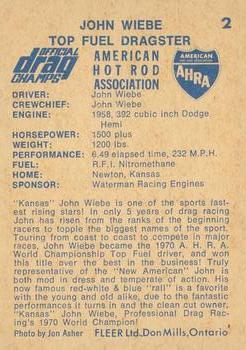 1971 Fleer AHRA Drag Champs Canadian #2 John Wiebe Back