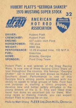1971 Fleer AHRA Drag Champs Canadian #32 Hubert Platt Back