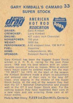 1971 Fleer AHRA Drag Champs Canadian #33 Gary Kimball Back