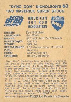1971 Fleer AHRA Drag Champs Canadian #63 Don Nicholson Back