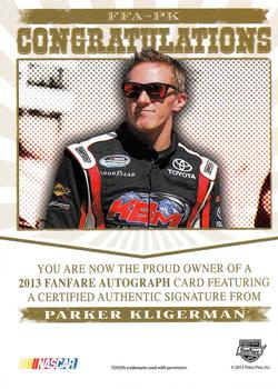 2013 Press Pass Fanfare - Autographs Silver Door Number #FFA-PK Parker Kligerman Back