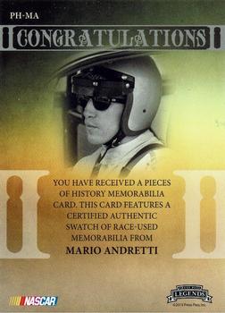 2013 Press Pass Legends - Pieces of History Memorabilia Gold #PH-MA Mario Andretti Back