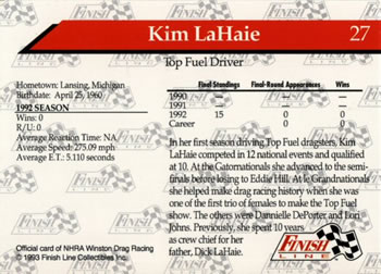 1993 Finish Line NHRA #27 Kim LaHaie Back