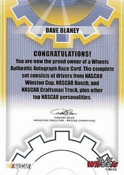 2003 Wheels High Gear - Autographs #NNO Dave Blaney Back