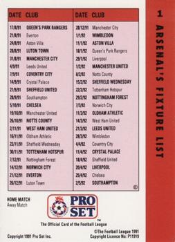 1991-92 Pro Set Fixtures #1 Tony Adams Back