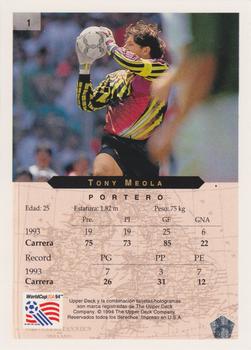 1994 Upper Deck World Cup Contenders Spanish #1 Tony Meola Back