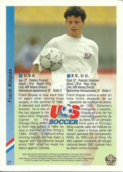 1993 Upper Deck World Cup Preview (English/Spanish) #27 Frank Klopas Back