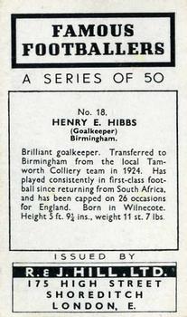 1939 R & J Hill Famous Footballers Series 1 #18 Harry Hibbs Back