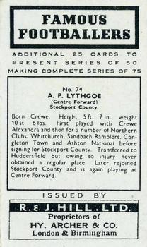 1939 R & J Hill Famous Footballers Series 2 #74 Alf Lythgoe Back