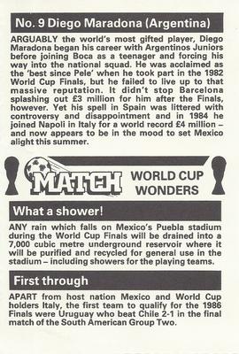 1986 Match World Cup Wonders #9 Diego Maradona Back