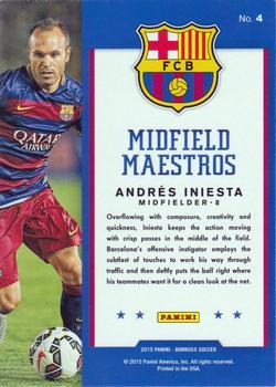 2015 Donruss - Midfield Maestros Gold Panini Logo #4 Andres Iniesta Back