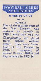 1958 Football Clubs and Badges #6 Burnley Back