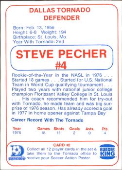 1977 Burger King Dallas Tornado #2 Steve Pecher Back