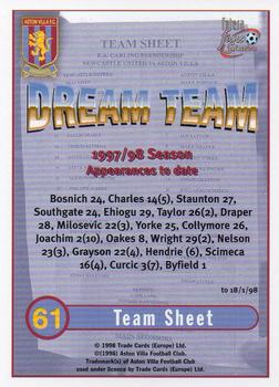 1998 Futera Aston Villa Fans Selection #61 Team Sheet Back