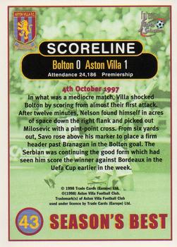 1998 Futera Aston Villa Fans Selection - Foil #43 Bolton 0 Aston Villa 1 Back
